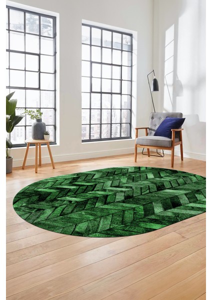 Baskılı Kaymaz Taban Yıkanabilir Patchwork Desen Oval Yolluk Salon Halısı, O-Patchwork-13-Yeşil,