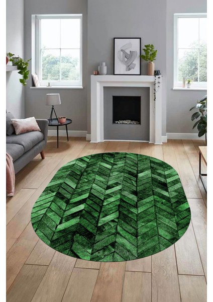 Baskılı Kaymaz Taban Yıkanabilir Patchwork Desen Oval Yolluk Salon Halısı, O-Patchwork-13-Yeşil,