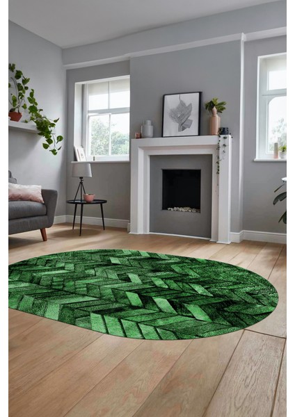 Baskılı Kaymaz Taban Yıkanabilir Patchwork Desen Oval Yolluk Salon Halısı, O-Patchwork-13-Yeşil,