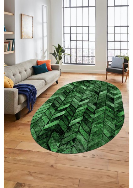 Baskılı Kaymaz Taban Yıkanabilir Patchwork Desen Oval Yolluk Salon Halısı, O-Patchwork-13-Yeşil,
