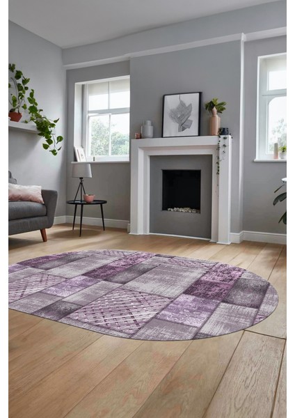 Baskılı Kaymaz Taban Yıkanabilir Patchwork Desen Oval Yolluk Salon Halısı, O-Patchwork-18-Mor,