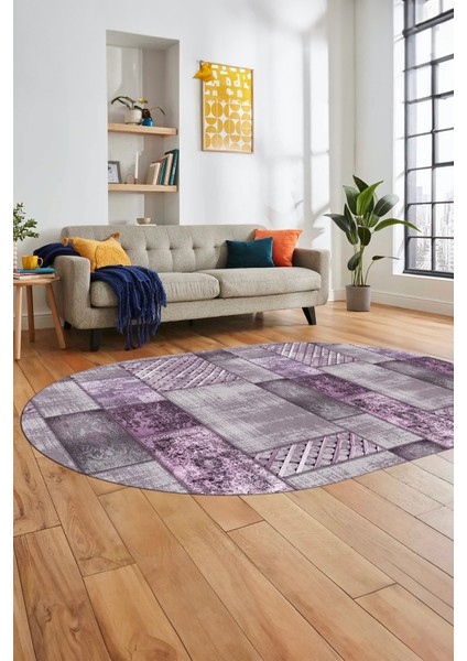 Baskılı Kaymaz Taban Yıkanabilir Patchwork Desen Oval Yolluk Salon Halısı, O-Patchwork-18-Mor,