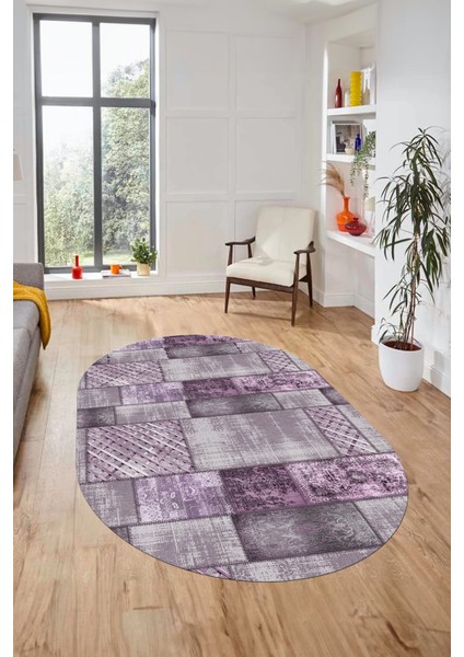 Baskılı Kaymaz Taban Yıkanabilir Patchwork Desen Oval Yolluk Salon Halısı, O-Patchwork-18-Mor,