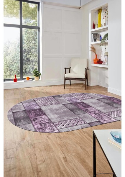 Baskılı Kaymaz Taban Yıkanabilir Patchwork Desen Oval Yolluk Salon Halısı, O-Patchwork-18-Mor,