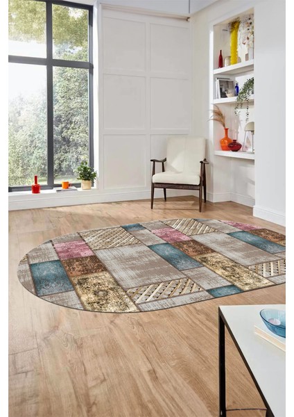 Baskılı Kaymaz Taban Yıkanabilir Patchwork Desen Oval Yolluk Salon Halısı, O-Patchwork-18-Renkli, indirimleri