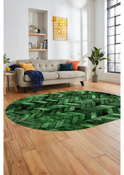 Baskılı Kaymaz Taban Yıkanabilir Patchwork Desen Oval Yolluk Salon Halısı, O-Patchwork-13-Yeşil,