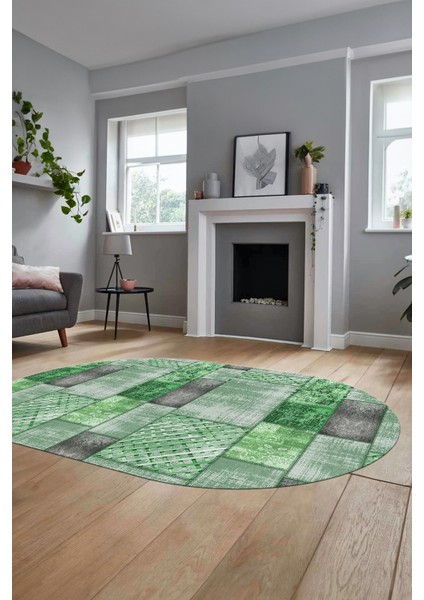 Baskılı Kaymaz Taban Yıkanabilir Patchwork Desen Oval Yolluk Salon Halısı, O-Patchwork-18-Yeşil,