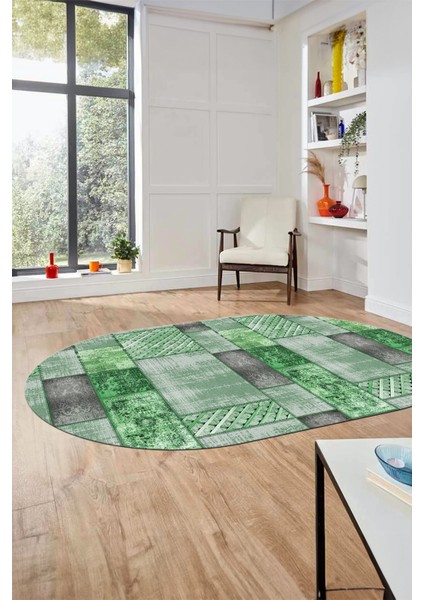 Baskılı Kaymaz Taban Yıkanabilir Patchwork Desen Oval Yolluk Salon Halısı, O-Patchwork-18-Yeşil,
