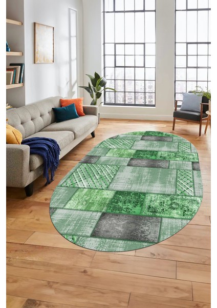 Baskılı Kaymaz Taban Yıkanabilir Patchwork Desen Oval Yolluk Salon Halısı, O-Patchwork-18-Yeşil,