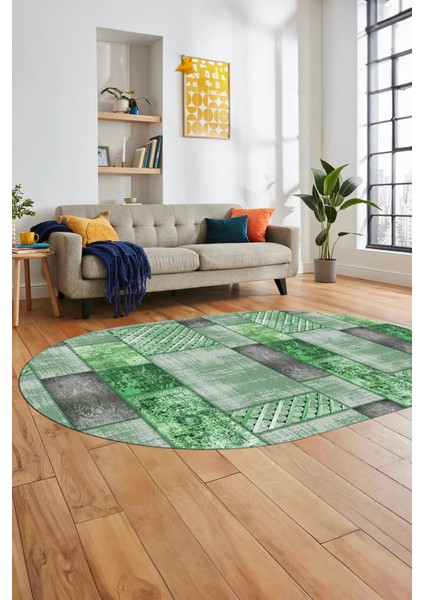 Baskılı Kaymaz Taban Yıkanabilir Patchwork Desen Oval Yolluk Salon Halısı, O-Patchwork-18-Yeşil,