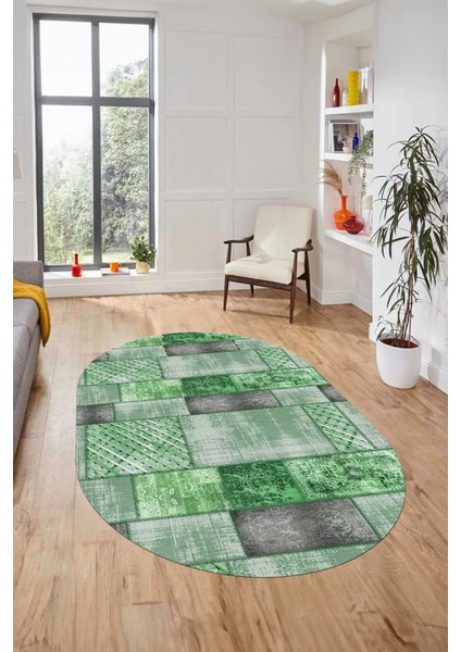 Baskılı Kaymaz Taban Yıkanabilir Patchwork Desen Oval Yolluk Salon Halısı, O-Patchwork-18-Yeşil,