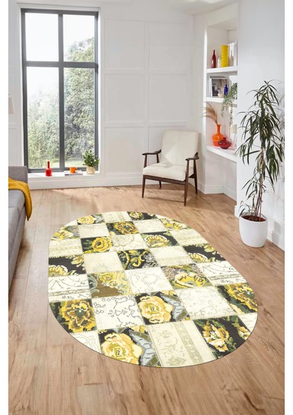 Baskılı Kaymaz Taban Yıkanabilir Patchwork Desen Oval Yolluk Salon Halısı, O-Patchwork-19-Sarı,