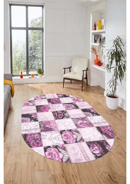 Baskılı Kaymaz Taban Yıkanabilir Patchwork Desen Oval Yolluk Salon Halısı, O-Patchwork-19-Pembe,