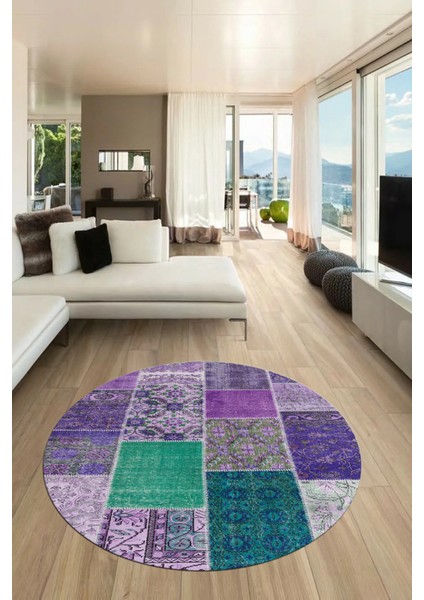 Baskılı Kaymaz Yıkanabilir Patchwork Desen Yuvarlak Mutfak Salon Halısı, Y-Patchwork-01-Mor, fiyatları