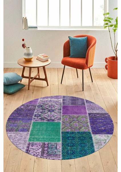 Baskılı Kaymaz Yıkanabilir Patchwork Desen Yuvarlak Mutfak Salon Halısı, Y-Patchwork-01-Mor, modelleri