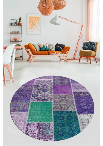 Baskılı Kaymaz Yıkanabilir Patchwork Desen Yuvarlak Mutfak Salon Halısı, Y-Patchwork-01-Mor, fırsatları