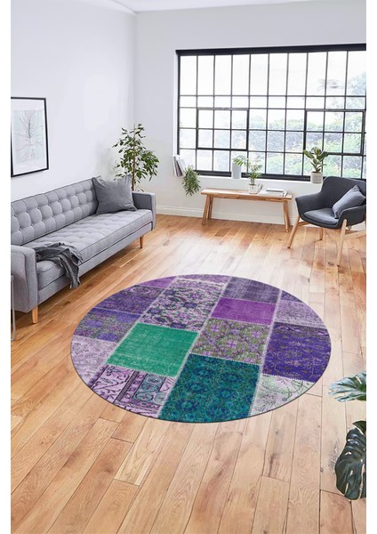 Baskılı Kaymaz Yıkanabilir Patchwork Desen Yuvarlak Mutfak Salon Halısı, Y-Patchwork-01-Mor, indirimleri