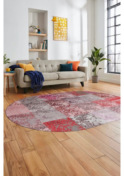 Baskılı Kaymaz Taban Yıkanabilir Patchwork Desen Oval Yolluk Salon Halısı, O-Patchwork-17-Kırmızı,
