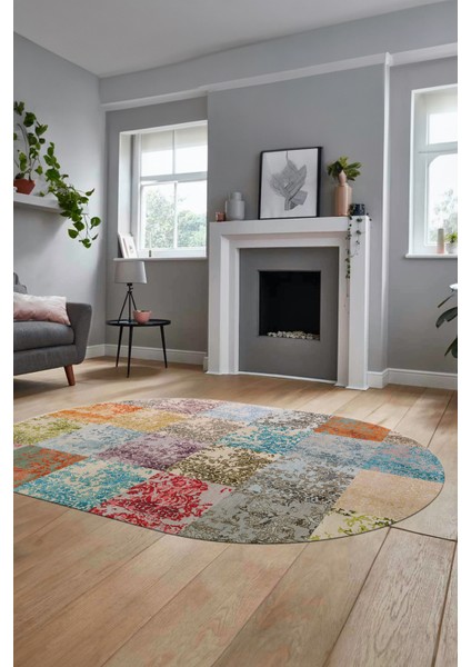 Baskılı Kaymaz Taban Yıkanabilir Patchwork Desen Oval Yolluk Salon Halısı, O-Patchwork-17-Renkli,