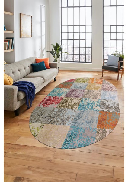 Baskılı Kaymaz Taban Yıkanabilir Patchwork Desen Oval Yolluk Salon Halısı, O-Patchwork-17-Renkli,