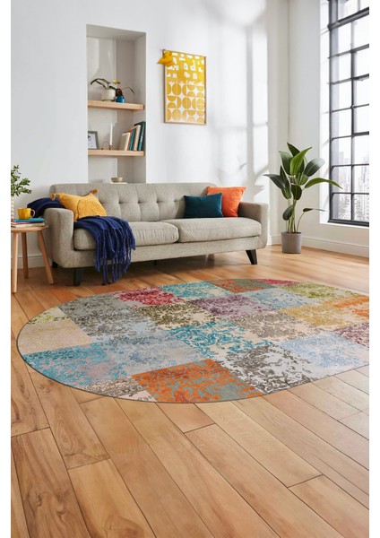 Baskılı Kaymaz Taban Yıkanabilir Patchwork Desen Oval Yolluk Salon Halısı, O-Patchwork-17-Renkli,