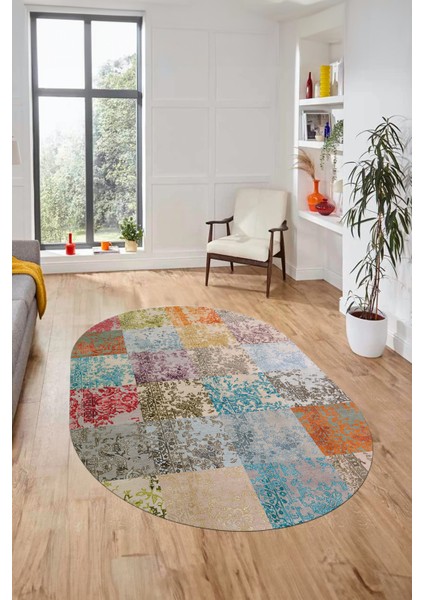 Baskılı Kaymaz Taban Yıkanabilir Patchwork Desen Oval Yolluk Salon Halısı, O-Patchwork-17-Renkli,