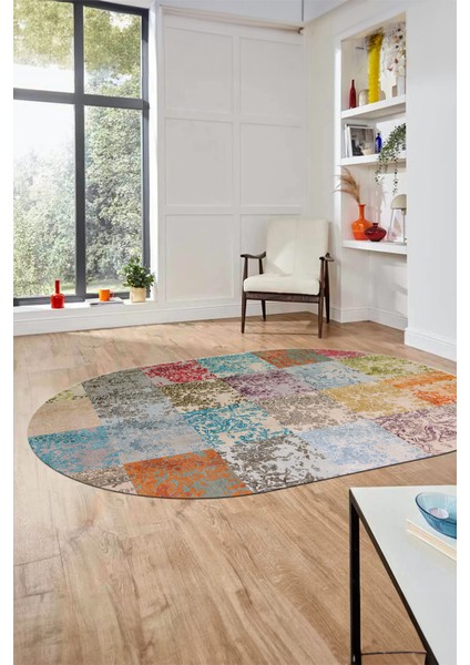 Baskılı Kaymaz Taban Yıkanabilir Patchwork Desen Oval Yolluk Salon Halısı, O-Patchwork-17-Renkli,