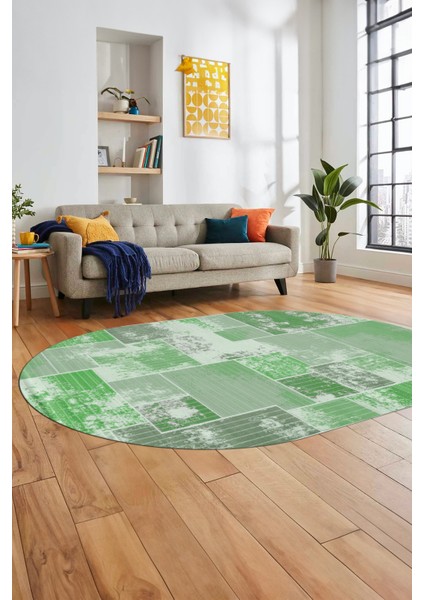 Baskılı Kaymaz Taban Yıkanabilir Patchwork Desen Oval Yolluk Salon Halısı, O-Patchwork-20-Yeşil,