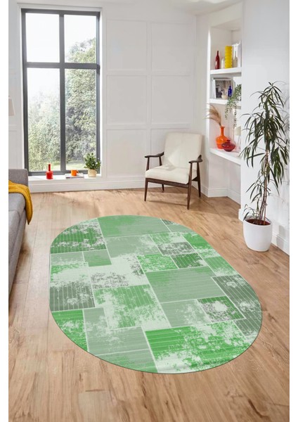 Baskılı Kaymaz Taban Yıkanabilir Patchwork Desen Oval Yolluk Salon Halısı, O-Patchwork-20-Yeşil,