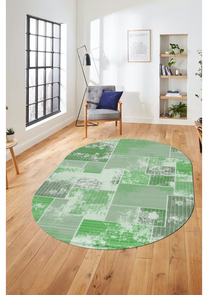 Baskılı Kaymaz Taban Yıkanabilir Patchwork Desen Oval Yolluk Salon Halısı, O-Patchwork-20-Yeşil,