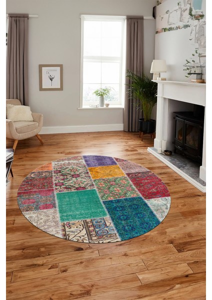 Baskılı Kaymaz Yıkanabilir Patchwork Desen Yuvarlak Mutfak Salon Halısı, Y-Patchwork-01-Renkli,