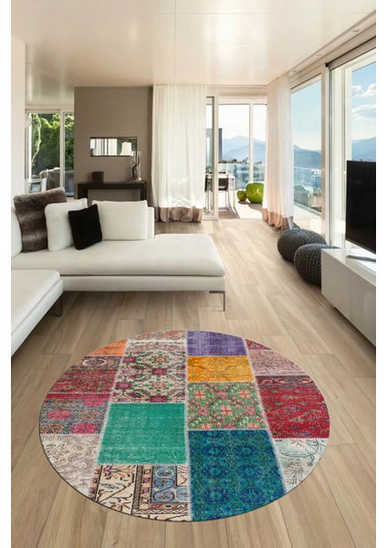 Baskılı Kaymaz Yıkanabilir Patchwork Desen Yuvarlak Mutfak Salon Halısı, Y-Patchwork-01-Renkli, fiyatları