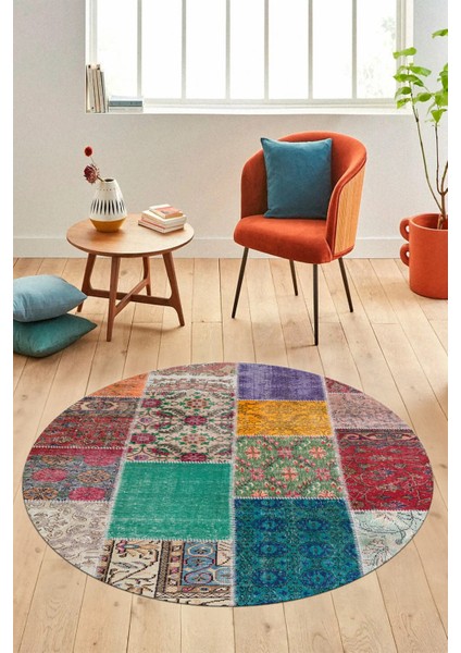 Baskılı Kaymaz Yıkanabilir Patchwork Desen Yuvarlak Mutfak Salon Halısı, Y-Patchwork-01-Renkli, modelleri