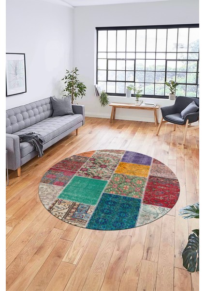 Baskılı Kaymaz Yıkanabilir Patchwork Desen Yuvarlak Mutfak Salon Halısı, Y-Patchwork-01-Renkli, indirimleri