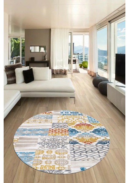 Baskılı Kaymaz Yıkanabilir Patchwork Desen Yuvarlak Mutfak Salon Halısı, Y-Patchwork-02-Renkli, fiyatları
