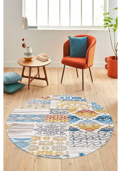 Baskılı Kaymaz Yıkanabilir Patchwork Desen Yuvarlak Mutfak Salon Halısı, Y-Patchwork-02-Renkli, modelleri