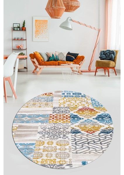 Baskılı Kaymaz Yıkanabilir Patchwork Desen Yuvarlak Mutfak Salon Halısı, Y-Patchwork-02-Renkli, fırsatları