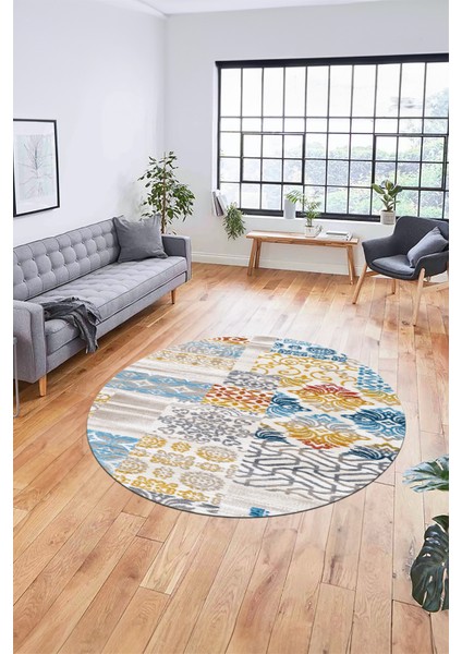 Baskılı Kaymaz Yıkanabilir Patchwork Desen Yuvarlak Mutfak Salon Halısı, Y-Patchwork-02-Renkli, indirimleri