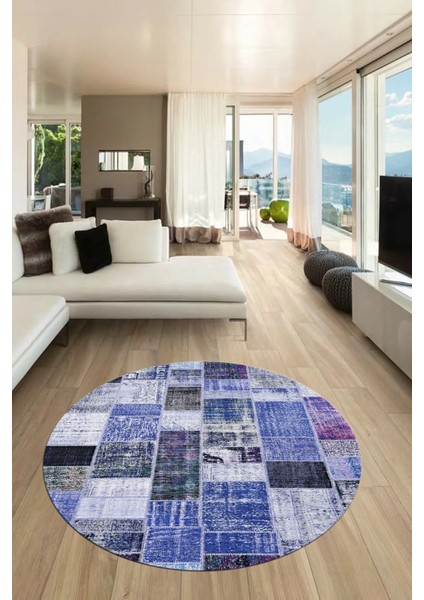 Baskılı Kaymaz Yıkanabilir Patchwork Desen Yuvarlak Mutfak Salon Halısı, Y-Patchwork-03-Mavi,