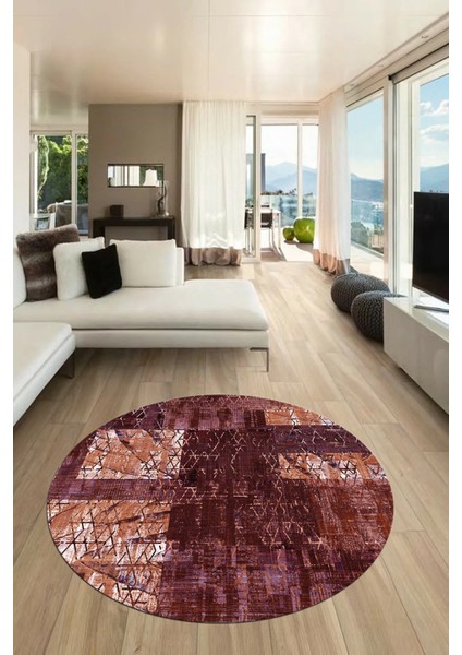 Baskılı Kaymaz Yıkanabilir Patchwork Desen Yuvarlak Mutfak Salon Halısı, Y-Patchwork-05-Kırmızı,