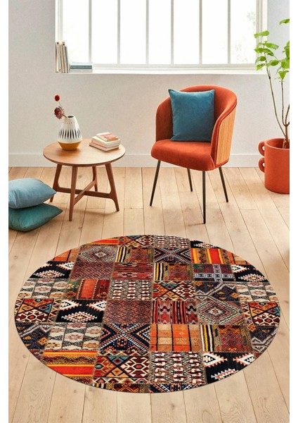 Baskılı Kaymaz Yıkanabilir Patchwork Desen Yuvarlak Mutfak Salon Halısı, Y-Patchwork-06-Renkli,