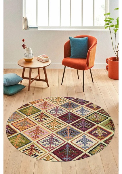 Baskılı Kaymaz Yıkanabilir Patchwork Desen Yuvarlak Mutfak Salon Halısı, Y-Patchwork-08-Renkli,