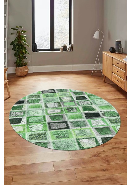 Baskılı Kaymaz Yıkanabilir Patchwork Desen Yuvarlak Mutfak Salon Halısı, Y-Patchwork-14-Yeşil, fiyatları
