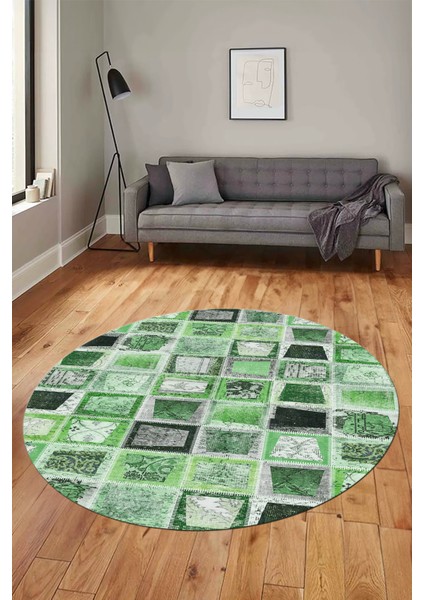 Baskılı Kaymaz Yıkanabilir Patchwork Desen Yuvarlak Mutfak Salon Halısı, Y-Patchwork-14-Yeşil, modelleri