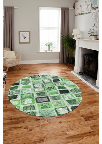 Baskılı Kaymaz Yıkanabilir Patchwork Desen Yuvarlak Mutfak Salon Halısı, Y-Patchwork-14-Yeşil, fırsatları
