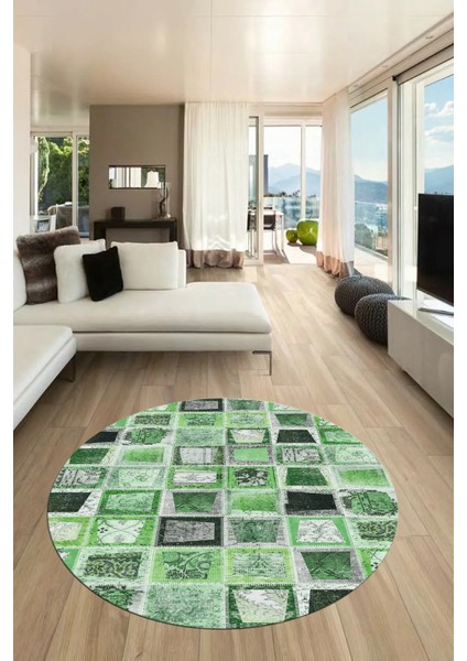 Baskılı Kaymaz Yıkanabilir Patchwork Desen Yuvarlak Mutfak Salon Halısı, Y-Patchwork-14-Yeşil, indirimleri