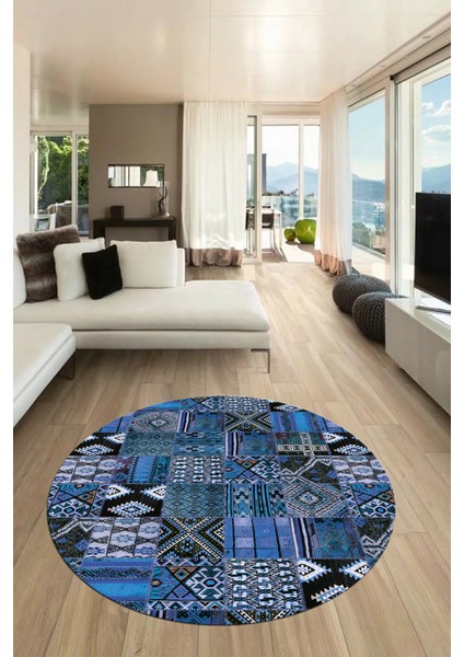 Baskılı Kaymaz Yıkanabilir Patchwork Desen Yuvarlak Mutfak Salon Halısı, Y-Patchwork-06-Mavi,