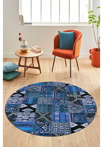 Baskılı Kaymaz Yıkanabilir Patchwork Desen Yuvarlak Mutfak Salon Halısı, Y-Patchwork-06-Mavi,