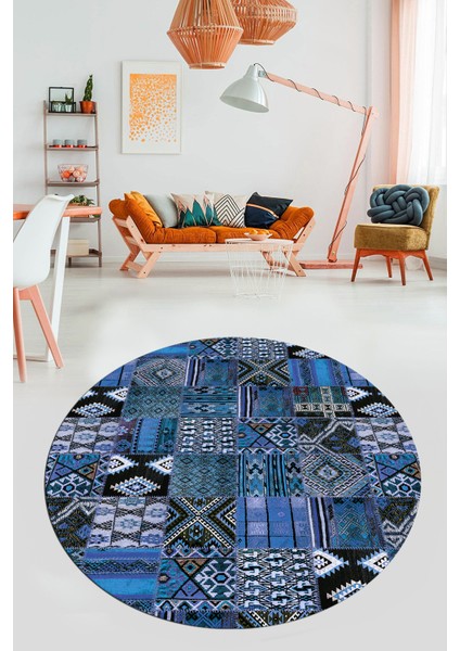 Baskılı Kaymaz Yıkanabilir Patchwork Desen Yuvarlak Mutfak Salon Halısı, Y-Patchwork-06-Mavi,