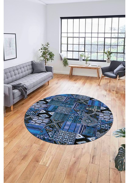 Baskılı Kaymaz Yıkanabilir Patchwork Desen Yuvarlak Mutfak Salon Halısı, Y-Patchwork-06-Mavi,
